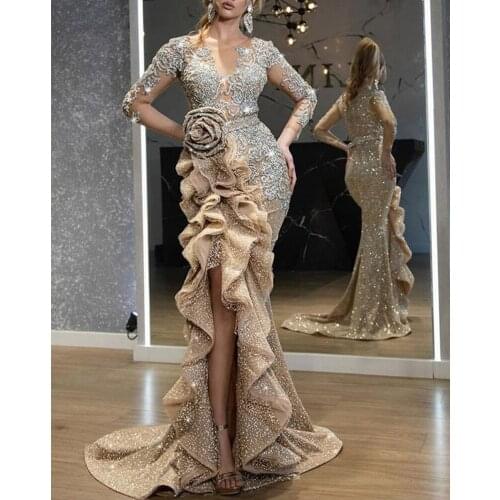 Fashion Sequined Ruffle Long Sleeve V Neck Evening Gowns For Women Dress Long Formal Dresses Party