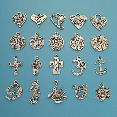 20 x Tibetan Silver Mixed Style Hammered Round Heart Spiral Cross Flower Charms Pendants for Necklace Bracelet Jewelry Making