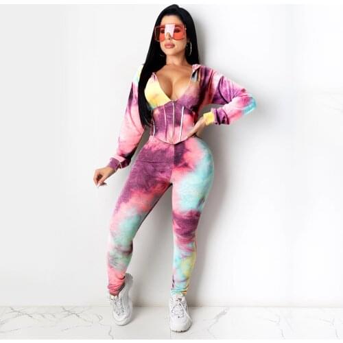 Plus Size Sports Suits Tie Dyeing Two-Pieces Outfits Women Tracksuits Fashion Long Sleeve Zipper Hooded Coat+High Waist Leggings