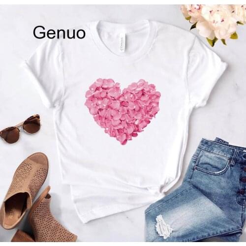 Pink Heart Flower Print Women Tshirt Cotton Casual Funny T Shirt Gift 90s Lady Yong Girl Drop Ship