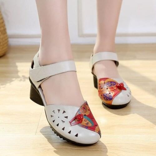 Women sandals Ladies Shoes Women Botines Mujer Genuine Leather Buckle Strap Square High Heels printing flower shoes 2020 Black