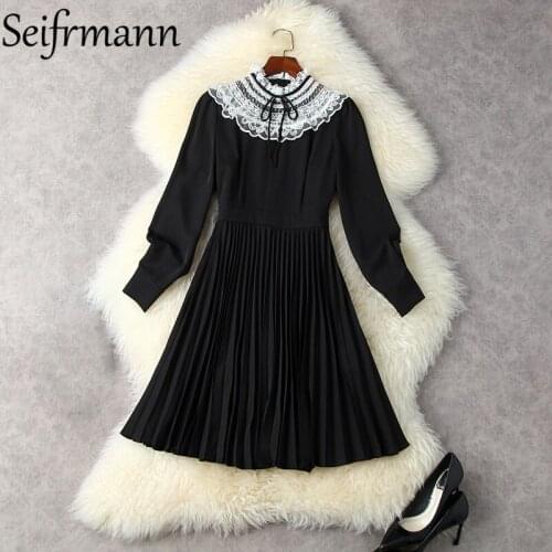 Seifrmann New 2021 Autumn Women Fashion Designer Party Pleated Dress Lantern Sleeve Gorgeous Lace Ruffles Black Printed Dresses
