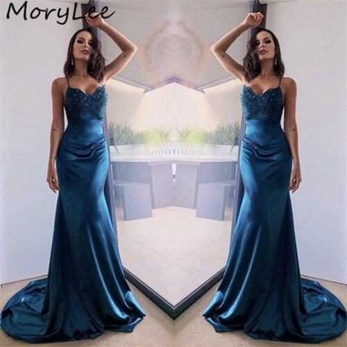 Sexy Evening Dresses Sweetheart Spaghetti Straps Mermaid Silk Satin Lace Crystal Evening Dresses vestidos de fiesta de noche