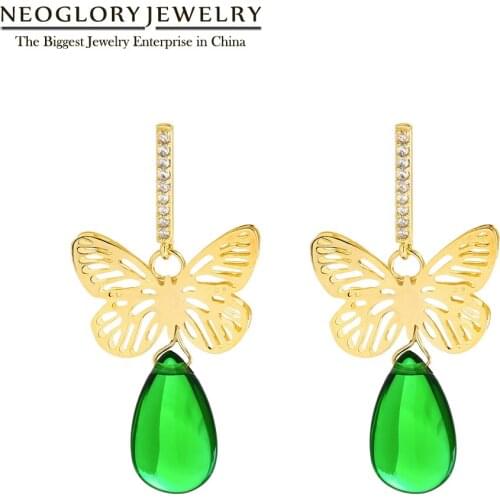 Neoglory Jewelry Butterfly With Green Zircon Long Dangle Earrings For Women Elegant Fashion Charm Ear Accessory New Hot Gift