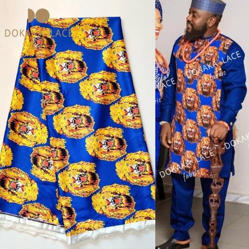 Royal Blue Traditional Wedding Chiffon Fabrics Isiagu Lion Prints Silk Lace Ankara African Women Or Men Fabrics Silk Material