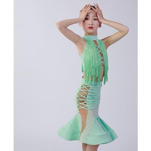 Fringe Latin Dance Clothes Girls Cha Cha Dress Modern Dancewear Green Designer Clothes Stage Costume Salsa Dancing Outfit DL7995