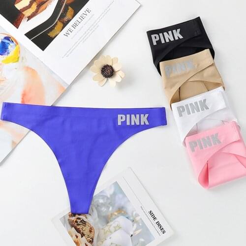 Sexy Womens PINK Letter Panties Underwear Seamless Silk Thong Low Rise Female Fashion G-String Soft Lady Lingerie String Tanga