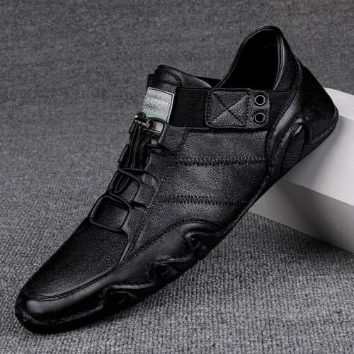 Autumn Mens Leather Shoes Breathable Flat Shoes High Quality Moccasin Shoes Elastic Band Casual Shoes Black Shoes Small Size 38