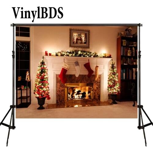 VinylBDS Christmas Backdrops Brick Fireplace Socks Background for Family White Floor and Bookshelf Photo for Kids Studio