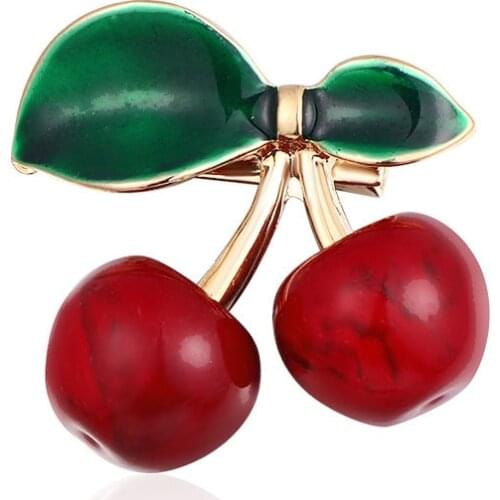 Vintage Red Green Enamel Brooch Pins Cherry Plant Fruit Flower Brooches for Women Suit Shawl Shirt Accessories Jewelry Cute Gift