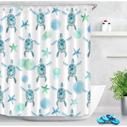 Sea Turtle Shower Curtain Cartoon Ocean Animal Starfish Waterproof Fabric Shower Curtains for Kids Bathroom Accessory with Hooks