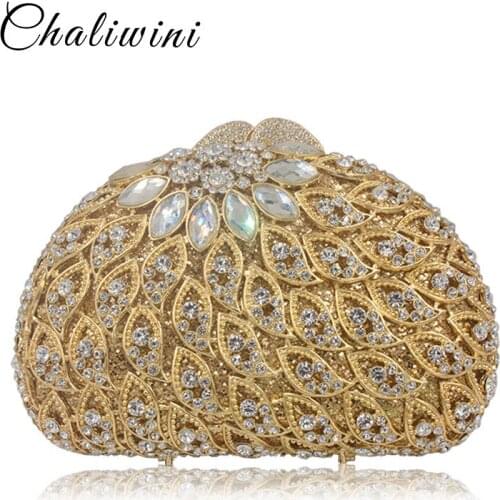Women Clutch Bags Hollow Out Crystal Evening Bag Golden Party Purse Ladies Wedding Clutches With Long Chain