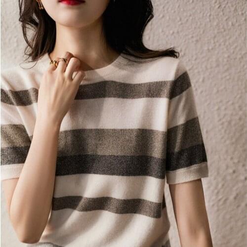 2021 Summer T Shirt Short Sleeve Women Tops Striped Tee Shirts Femme O-neck Thin Tees Casual Bright Silk Loose Top