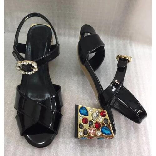 Chic womens high quality real leather rhinestone sadnals Fashion floral print thick heeled sandals EU35-41 size BY689A