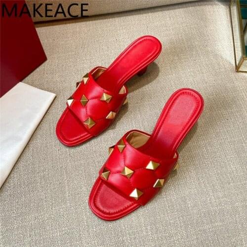 Yellow Rivets Leather Runway Slides New Open Toe Stilettos Women Shoes Bread Grid Casual Dress Mules Quality Summer Slipper 2021