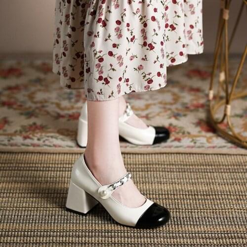 Women Shoes 2021 Shallow Mouth Fashion Heels Women Patent Leather Mary Jane Shoes Mixed Colors Elegant Ladies Chunky High Heels