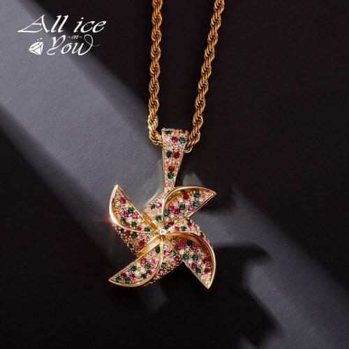 ALLICEONYOU New Iced Out Luxury Hip Hop Rotate Colorful Windmill Pendant Necklace With Tennis Chain For Women Fashion Gift