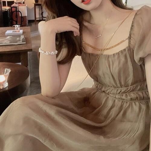 French Vintage Midi Dress Women Casual Square Collar Short Sleeve Elegant Dress Femae 2021 Summer Party One Piece Dress Korean