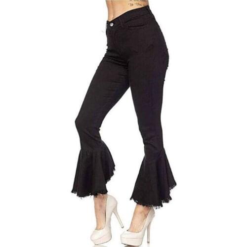 2020 womens micro horn nine points European and American fashion fringed irregular slim slim fashion jeans Spandex Mid Light