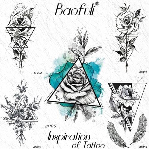 Watercolor Geometric Triangle Rose Flower Temporary Tattoo Sticker Leaves Body Art Arm Fake Tatoos Sexy Waterproof Tattoo Paper