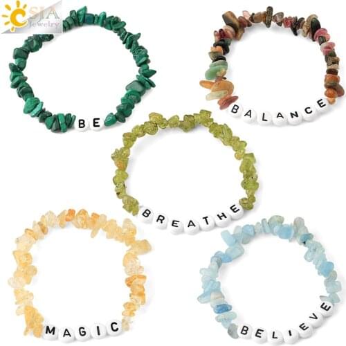 CSJA Natural Chip Stone Bracelet Olivine Tourmaline Yellow Crystal Acrylic Alphabet Bracelets for Women Girl Christmas Gift G649