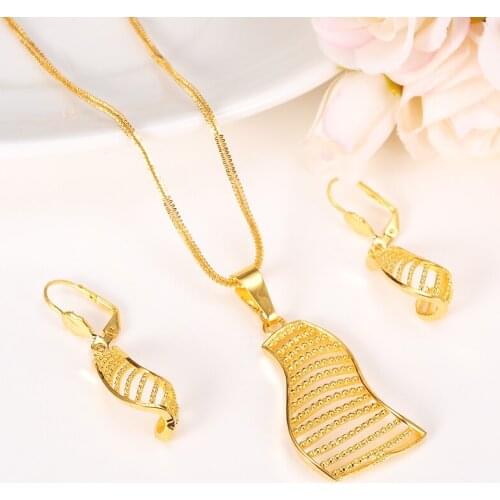 Dubai Gold Jewelry Set African EthiopiaJewelry Hollow Fan-Shaped Dangle Earrings pendant Necklace For Women bridal wedding s