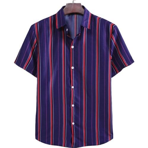 Summer Mens Shirt Top Casual Short Sleeve Hawaiian Shirts Stand Collar Strip Print Cool Thin Shirt Men Dress Male Clothing Tops