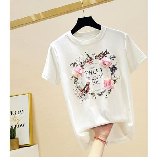 Summer Slim T Shirt for Women New Three-Dimensional Flowers Beaded Print Short Sleeve Shirt Ladies Tops Students T Shirts