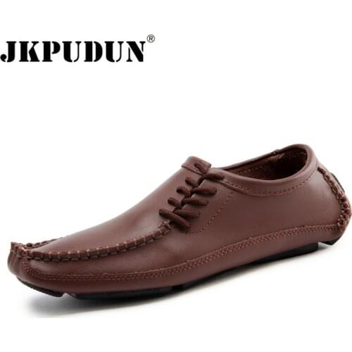 JKPUDUN Italian Men Shoes Casual Luxury Brand Summer Mens Loafers Soft Leather Moccasins Breathable Slip on Boat Shoes Plus Size