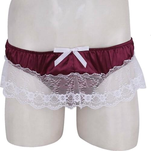Ruffle Luxury Sexy Mens Knickers Mens Gay Panties Low Sissy Breathable Lace Transparent T-back Briefs Open Butt G-string Thong
