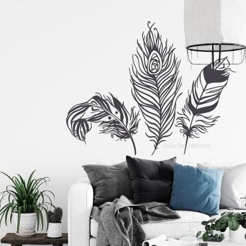 Set of 3 Feathers Decal Peacock Bohemian Tribal Living Room Bedroom Home Decor Removable Vinyl Wall Sticker Mural BD612