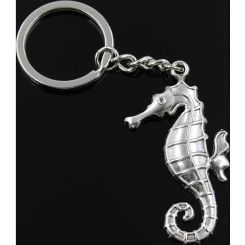 New Fashion Men 30mm Keychain DIY Metal Holder Chain Vintage Hippocampus Seahorse 59x31mm Silver Color Pendant Gift