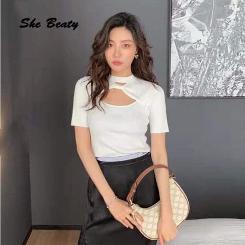 She Beaty Knitted Sweater Pullovers High Quality Letters Sexy Hollow Out Short Sleeve Solid Casual Runway Fashion Korean Top Y2k