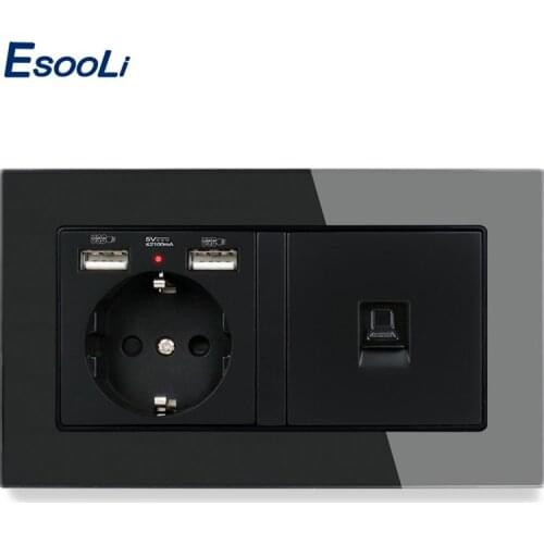 Esooli Luxury Glass Panel EU Standard Wall Socket 2 USB Charge Port Hidden Soft LED + 1 Gang CAT5E RJ45 Internet Jack