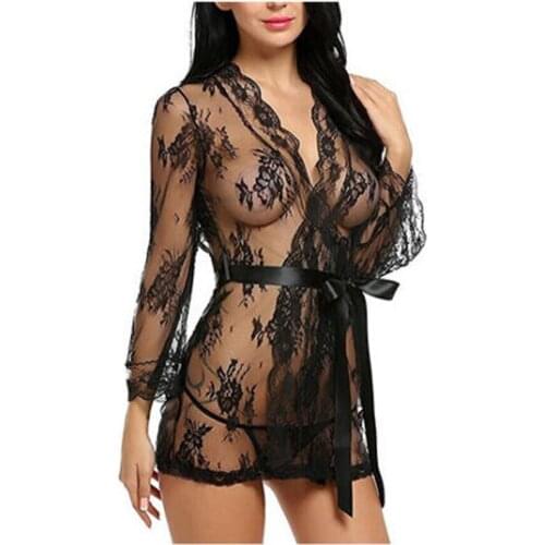 Sexy Women Transparent Robe Bathrobes Ladies See-through Lace Mesh Sleepwear Nightwear Nightdress Sleepdress Exotic Apparel