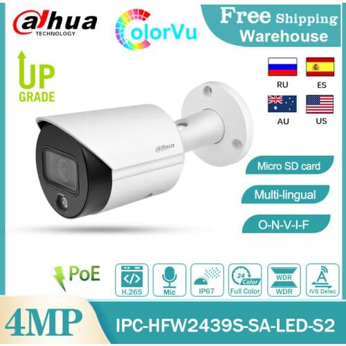 Dahua 4MP IP Camera IPC-HFW2439S-SA-LED-S2 H265+POE Full-Color SD Card IVS IP67 CCTV Security Outdoor Mini Bullet Video Camera