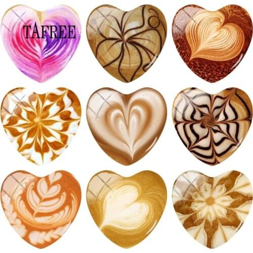 TAFREE Coffee Latte Art image Heart shaped 25mm Glass DIY Time Gems Charms Jewelry Accessories For Keychain Necklace