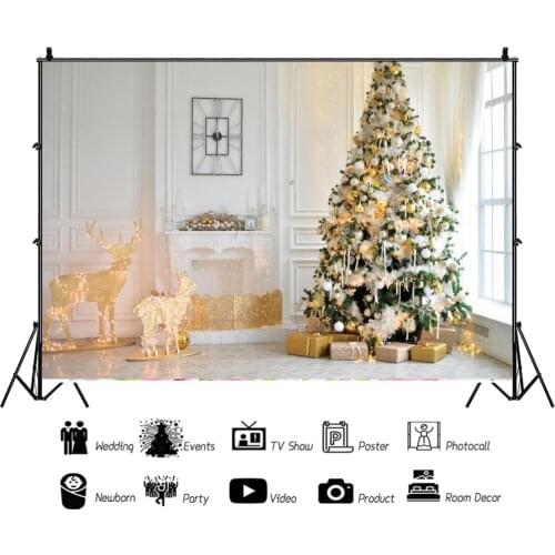 Laeacco Christmas Tree Backdrop Pine Light Deer Gift Interior Scene Fireplace Vinyl Photographic Background Video Photo Studio