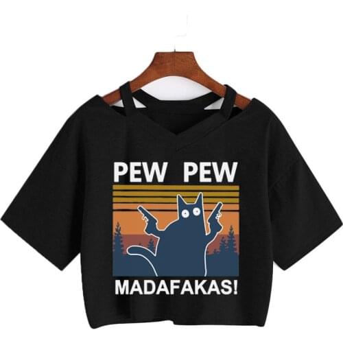 Pew Pew Madafakas Print T-shirt Women Summer 2021 Graphic Tees Funny Crop Tops Gothic Loose V-Neck shirt Harajuku Punk Sexy Top