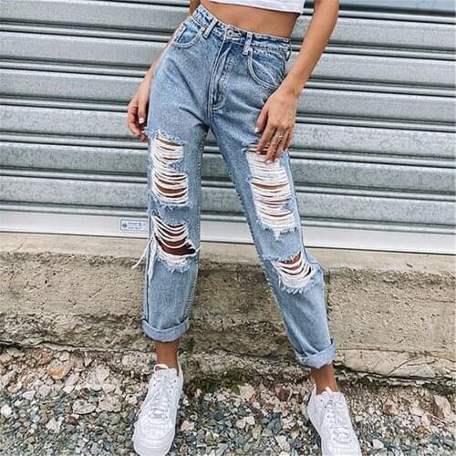 Women Denim Pants Button High Waist Pocket Elastic Blue Hole Jeans Trousers Slim Denim Pants Denim Pants Street Straight Slim
