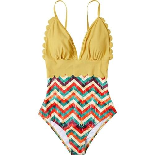 Scallop Trim Plunge V Neck Womens One-Piece Swimsuit Push Up Pads Swimwear High Waist Bodysuit Open Backless Monokini Swimwear