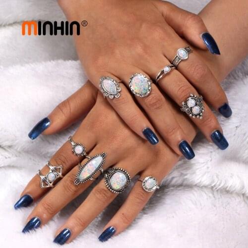 MINHIN Natural Opal Stone Ring Sets For Women Antique Anillos Knuckle Rings Boho Finger Jewelry 10 PCS/Lot Rings