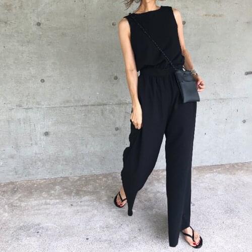 Women Summer Sleveless Jumpsuit Plain Button Trousers Simple Ladies Fashion Loose Back Lace Up Casual Black Female One Piece