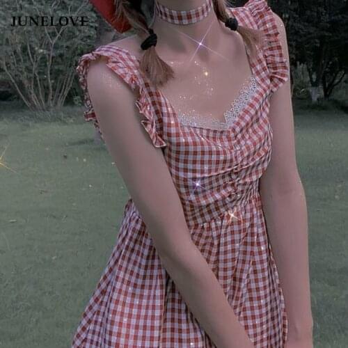 JuneLove Summer Kawaii Plaid Dress Women Elegant Sweet Lace Up France Vintage High Waist Midi Dress Chic Casual Holiday Dress