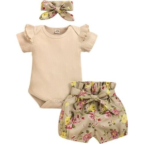 Baby girl solid clothing set 3PCS Newborn Baby Girls Clothes Cotton Romper Top Pants Shorts Summer Outfits 0-18 months