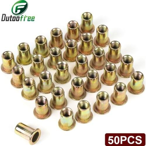 50pcs M6 Zinc Plated Carbon Steel Knurled Nuts Rivnut Flat Head Threaded Rivet Insert Nutsert Cap Rivet Nut