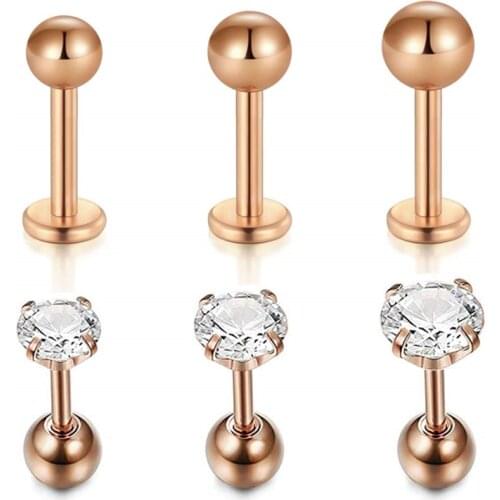 JFORYOU 16G 6 PCS Surgical Steel Cartilage Ear Stud Helix Tragus Earrings Piercings CZ Top 3-5mm, Length 6 mm
