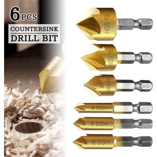 6 Pcs Hexagonal Shank Titanium-plated Five-blade Chamfering Tool Countersink Chamfer Drill Bit