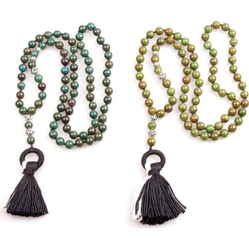 8mm Green Stone tassel Pendant Rosary Chain Mala Necklace Handmade Women Natural Stone Bead Necklace