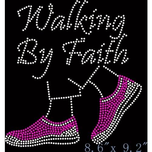 Free shipping Walking by Faith Tennis Shoes Fuchsia PINK Rhinestone Transfer Iron On